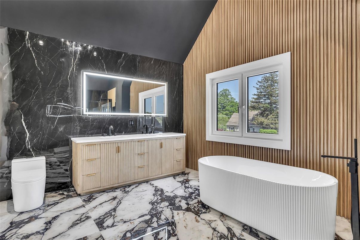 Bathroom, Free Standing Baths, Interior, Marble, Marble Walls, Wooden Walls