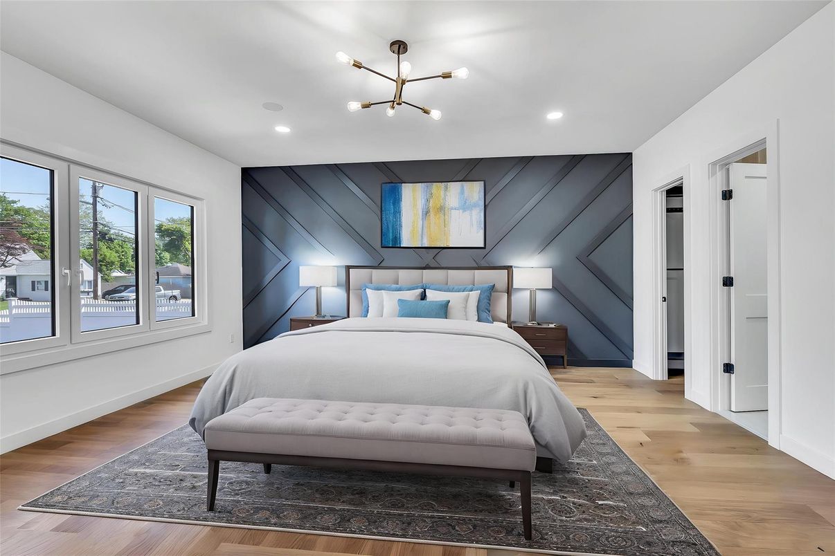 Bedroom, Interior, Pendant Lights, Recessed Lighting, Wood Texture Flooring