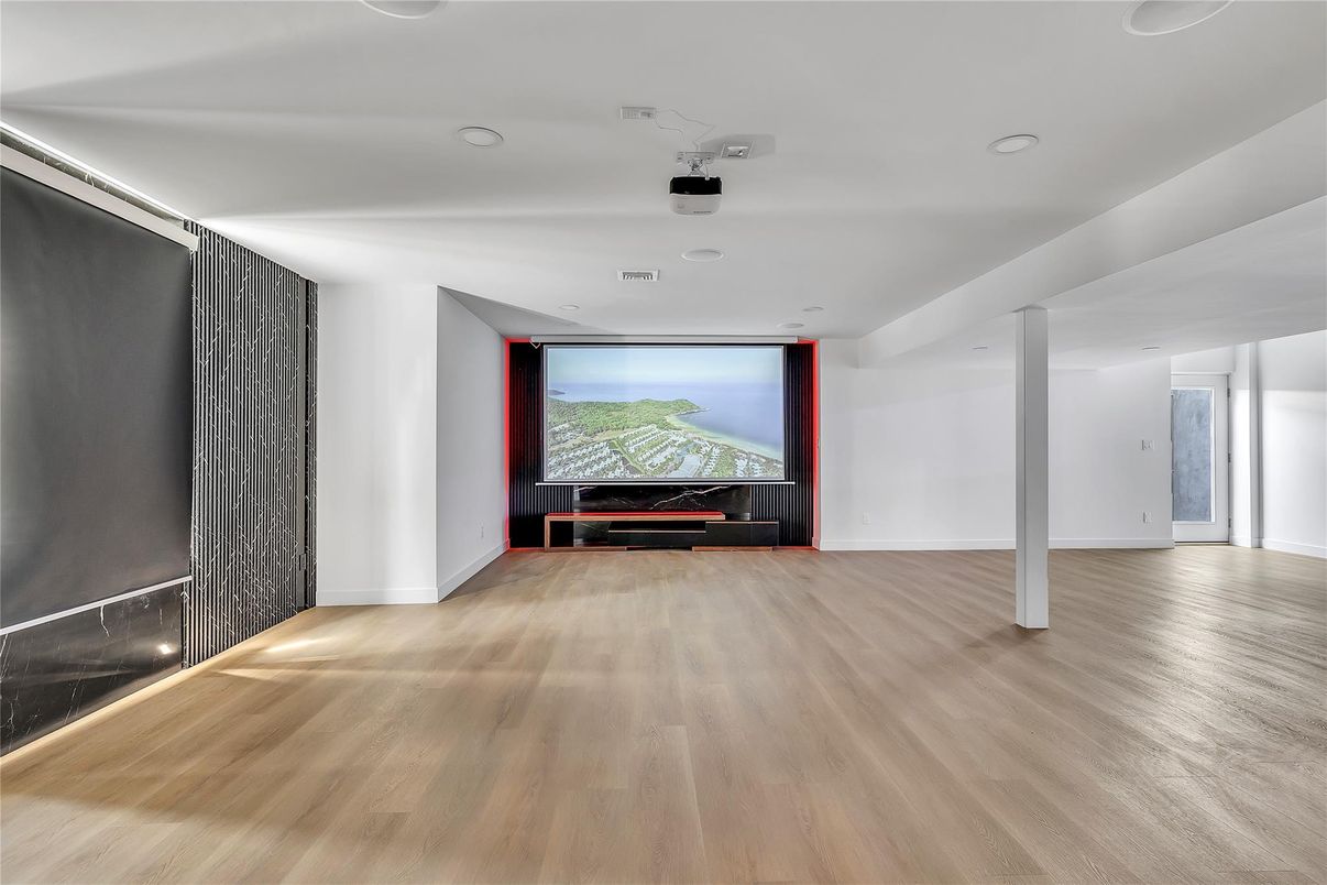Empty room, Interior, Projection Screen, Recessed Lighting, Wood Texture Flooring