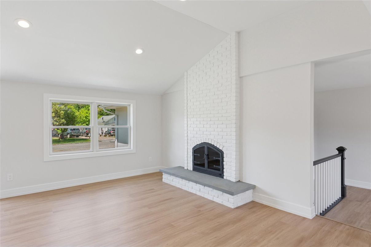 Empty room, Fireplace, Interior, Recessed Lighting, Wood Texture Flooring