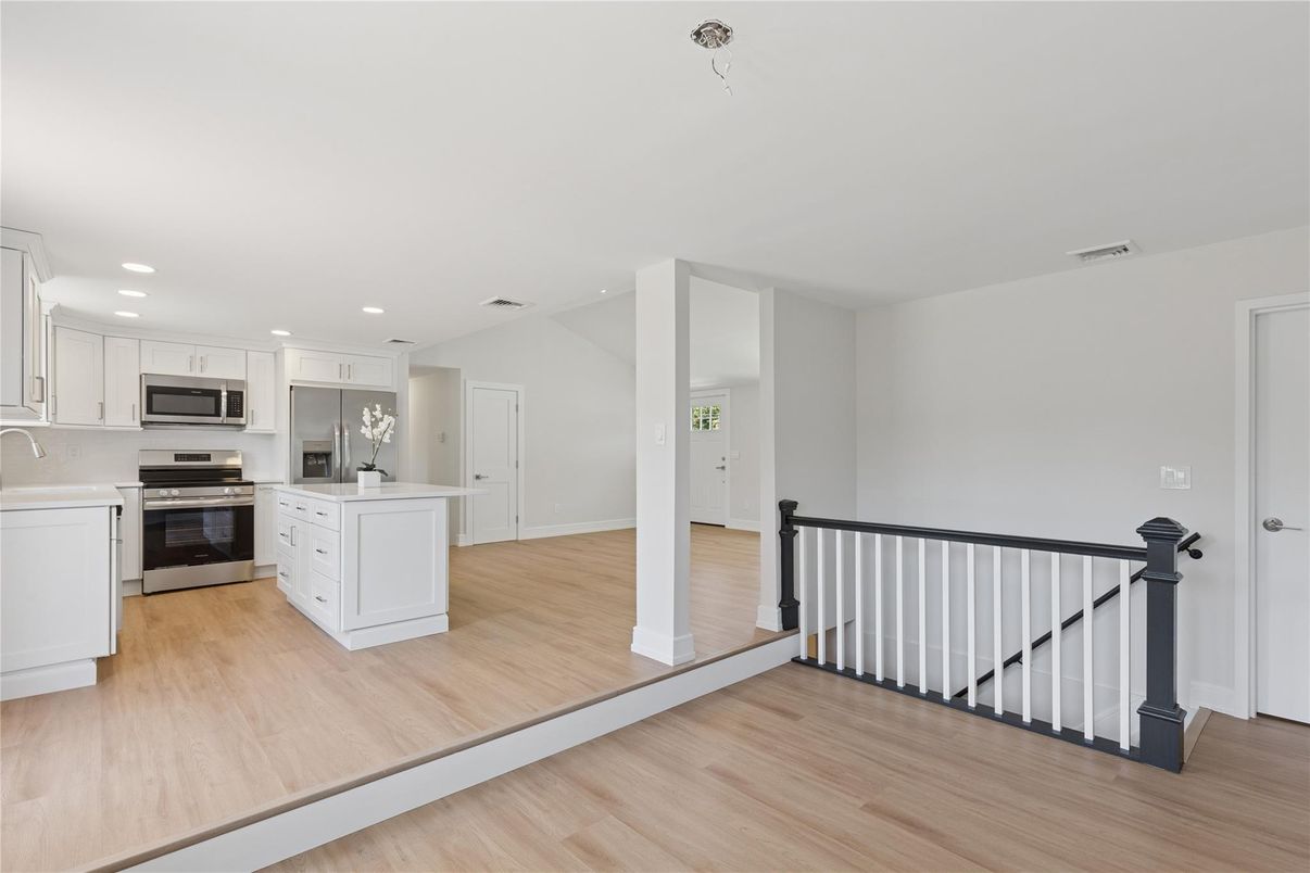 Interior, Kitchen, Recessed Lighting, Stainless Steel Appliances, Wood Texture Flooring