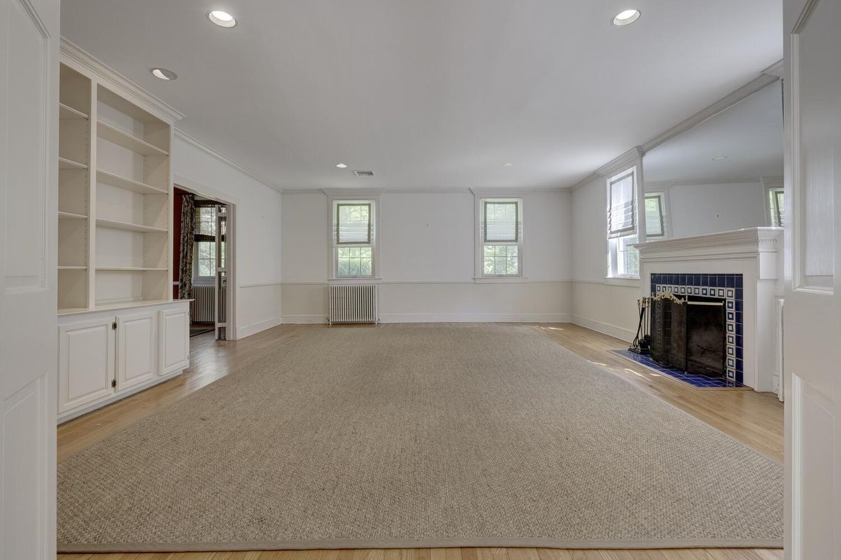 Empty room, Fireplace, Interior, Recessed Lighting, Wood Texture Flooring