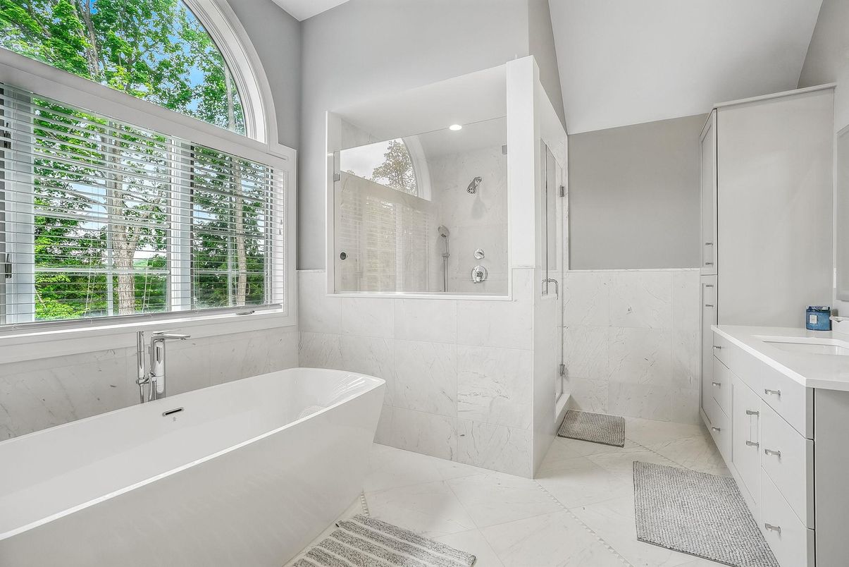 Bathroom, Free Standing Baths, Glass Shower, Interior, Marble, Marble Walls, Recessed Lighting