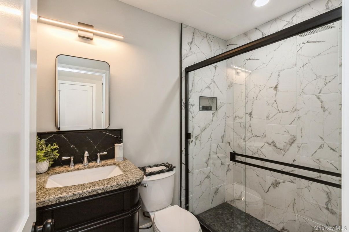 Bathroom, Glass Shower, Interior, Marble Walls, Recessed Lighting