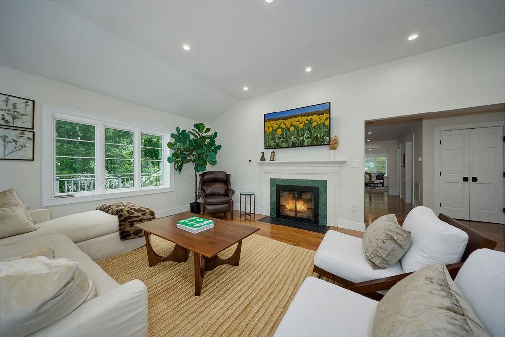 Fireplace, Interior, Living room, Recessed Lighting, Wood Texture Flooring
