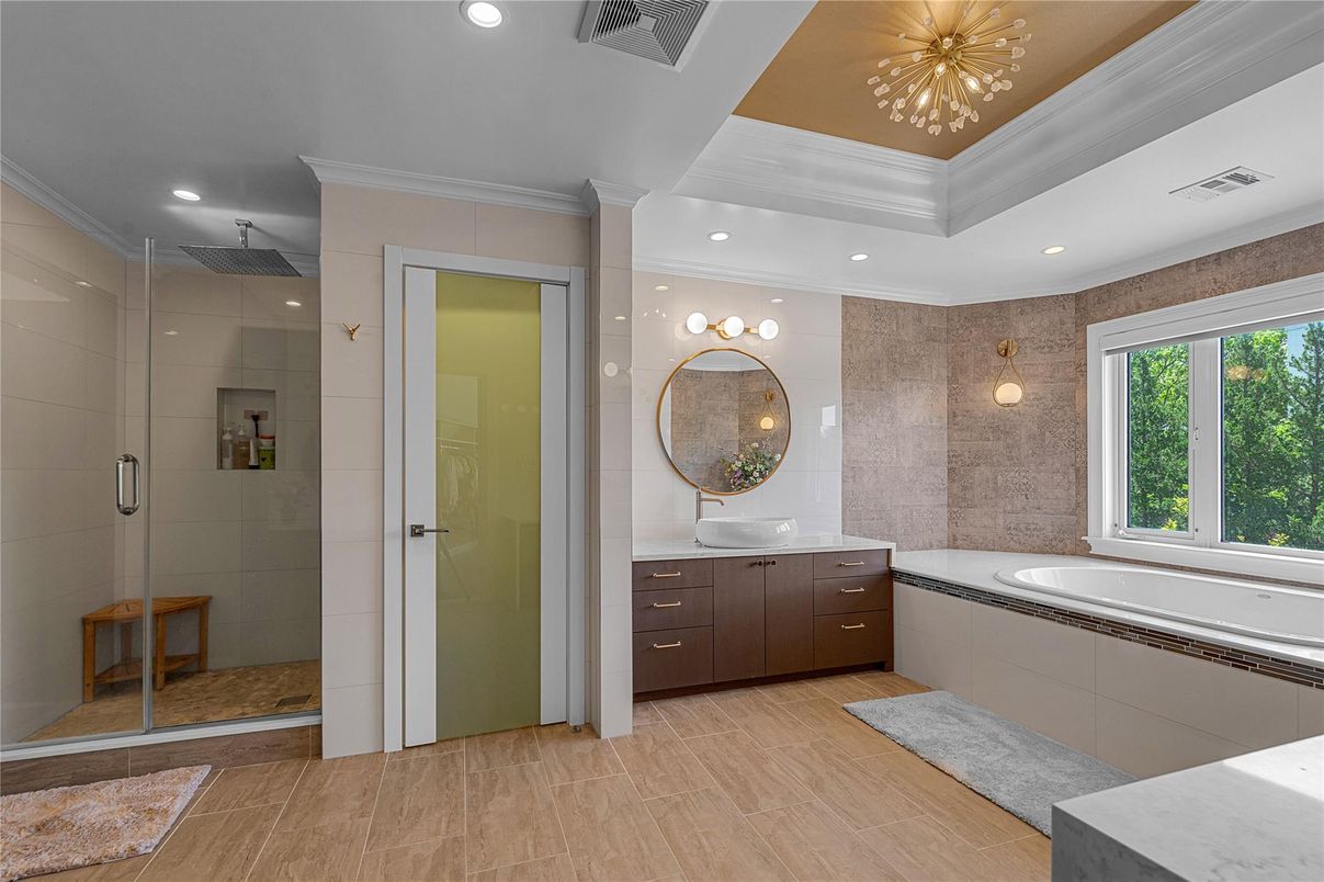 Bathroom, Glass Shower, Interior, Recessed Lighting, Wood Texture Flooring