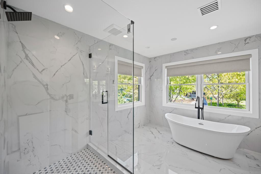 Bathroom, Free Standing Baths, Glass Shower, Interior, Marble, Marble Walls, Recessed Lighting
