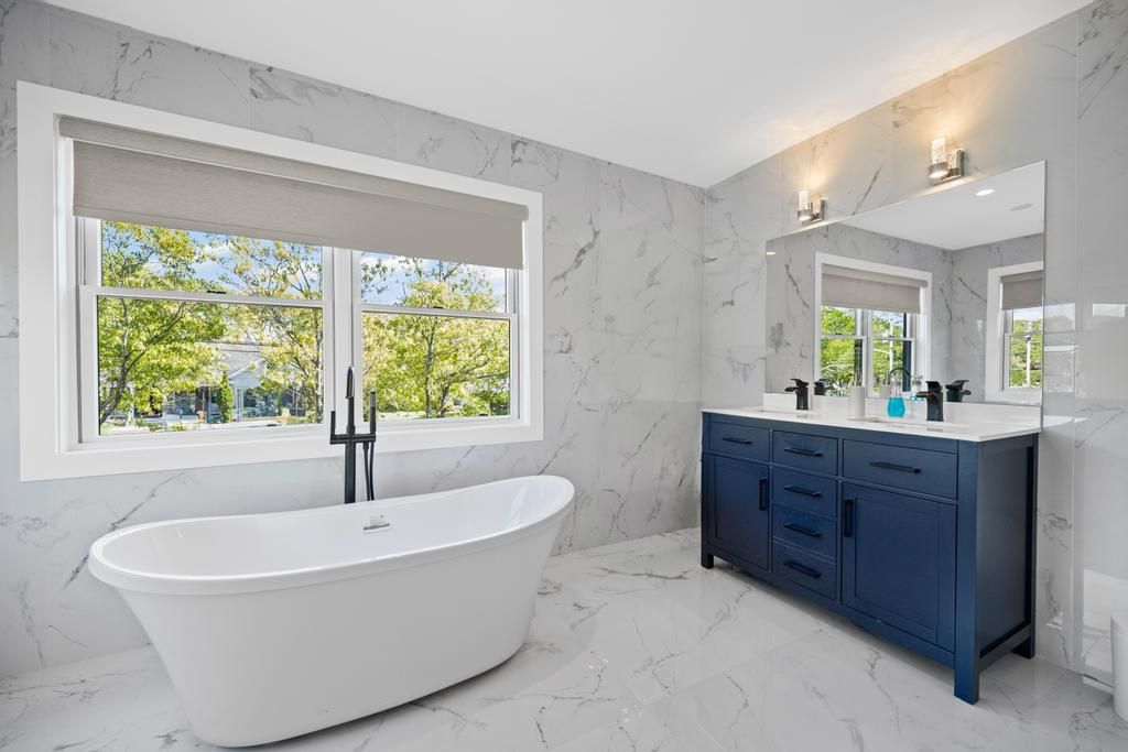 Bathroom, Dual Sink Vanities, Free Standing Baths, Interior, Marble, Marble Walls
