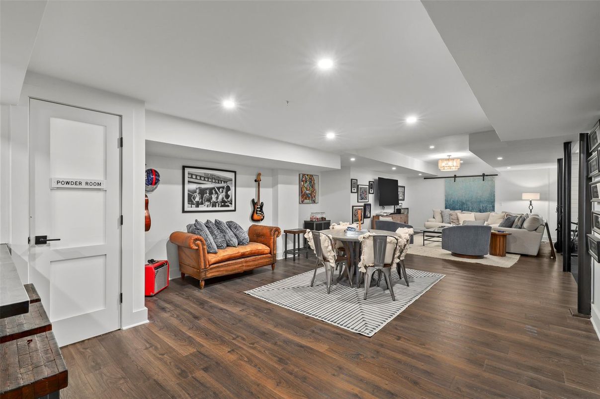 Dining room, Interior, Living room, Recessed Lighting, Wood Texture Flooring