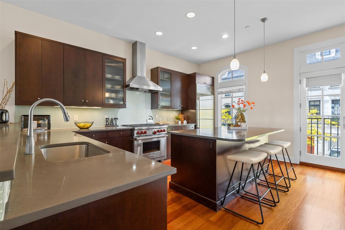 Interior, Kitchen, Pendant Lights, Recessed Lighting, Stainless Steel Appliances, Wood Texture Flooring