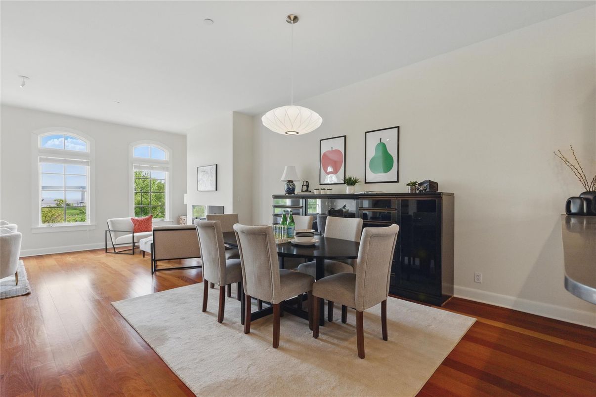 Dining room, Interior, Living room, Pendant Lights, Wood Texture Flooring