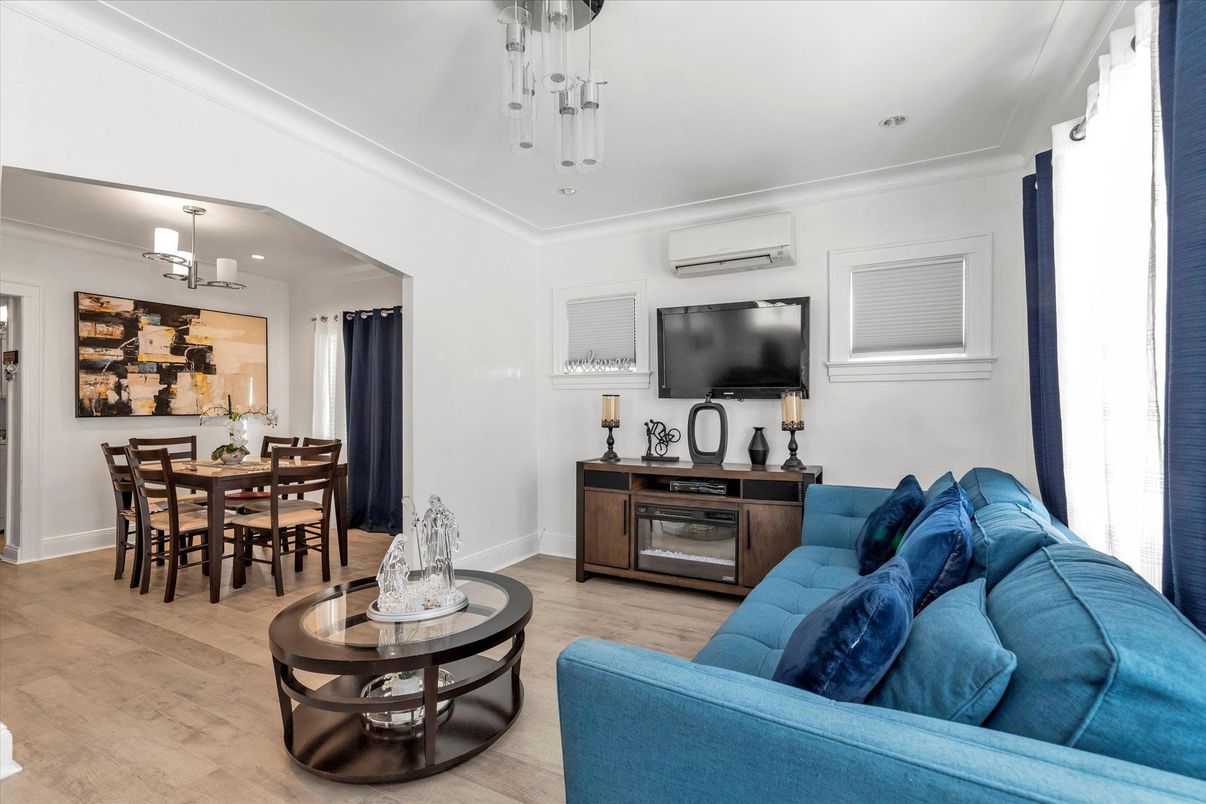 Dining room, Interior, Living room, Pendant Lights, Wood Texture Flooring