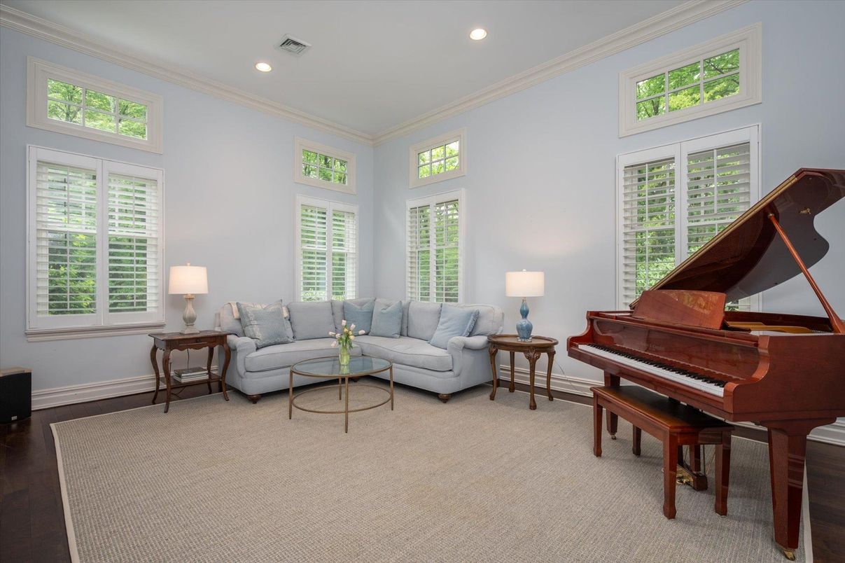 Interior, Living room, Piano, Recessed Lighting, Wood Texture Flooring