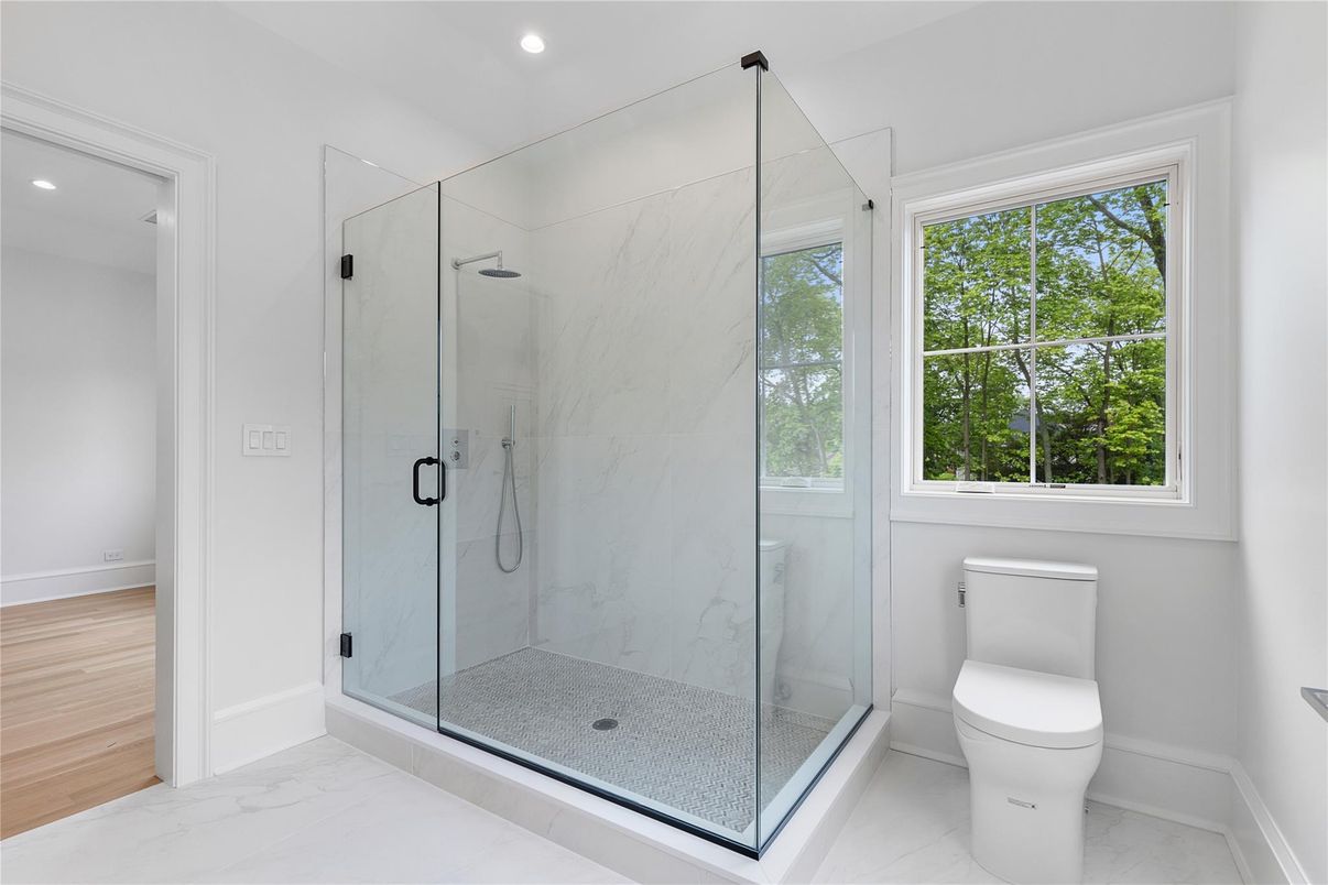 Bathroom, Glass Shower, Interior, Marble, Marble Walls, Recessed Lighting, Wood Texture Flooring