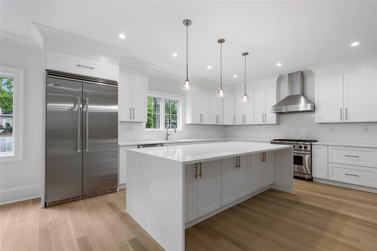 Interior, Kitchen, Pendant Lights, Recessed Lighting, Stainless Steel Appliances, Wood Texture Flooring