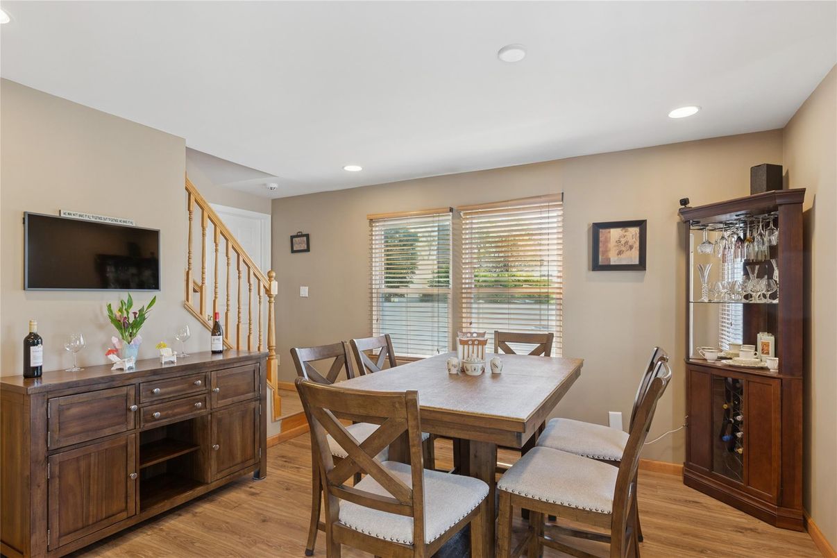 Dining room, Interior, Recessed Lighting, Wood Texture Flooring