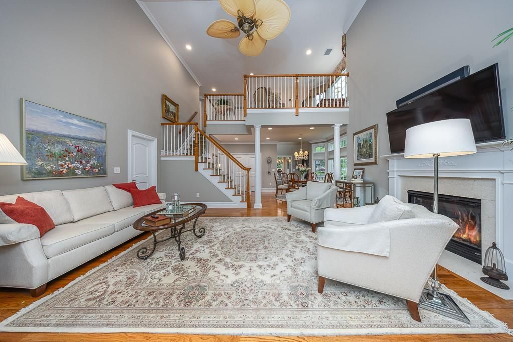 Chandelier, Dining room, Fireplace, Interior, Living room, Recessed Lighting, Wood Texture Flooring