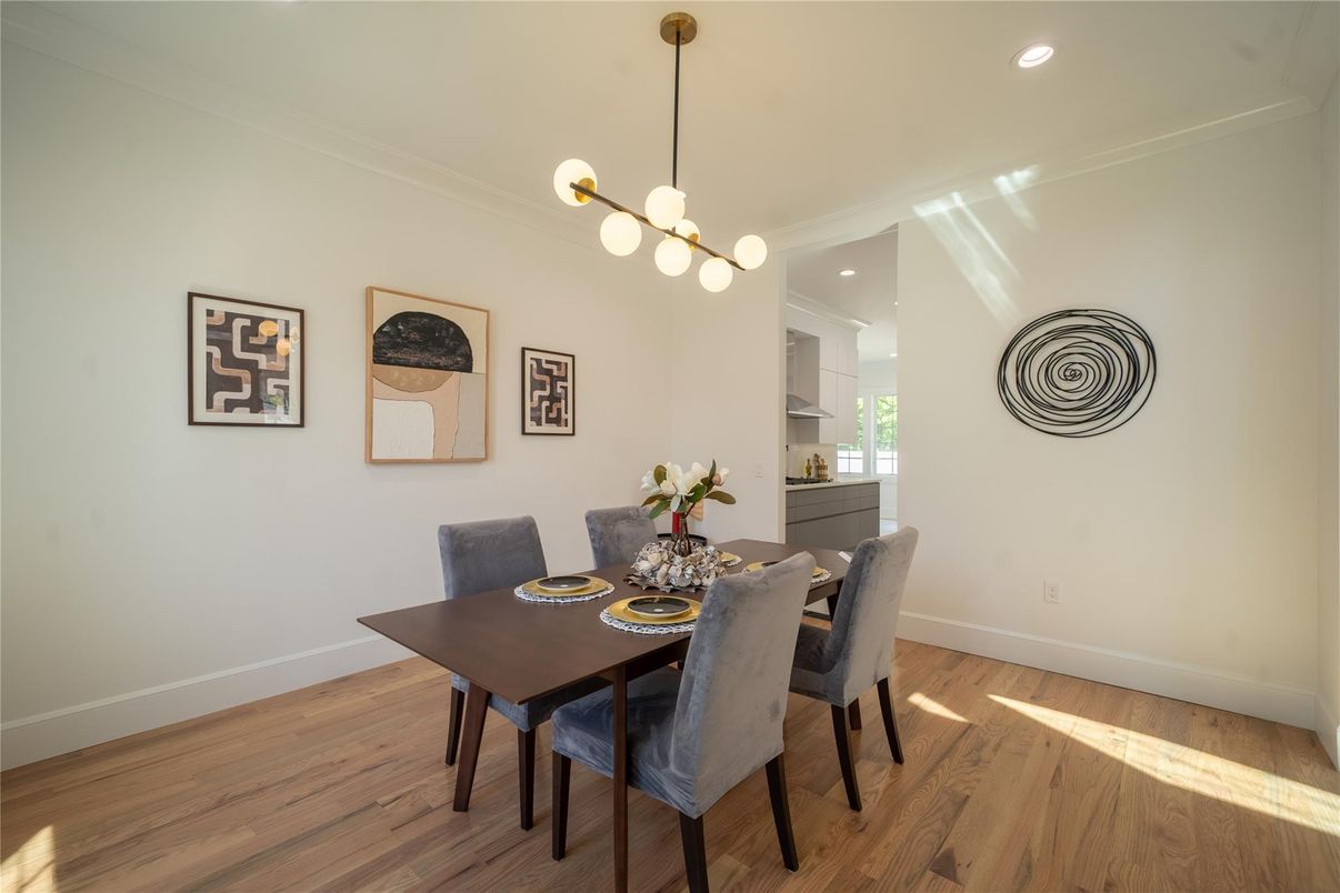 Dining room, Interior, Pendant Lights, Recessed Lighting, Wood Texture Flooring