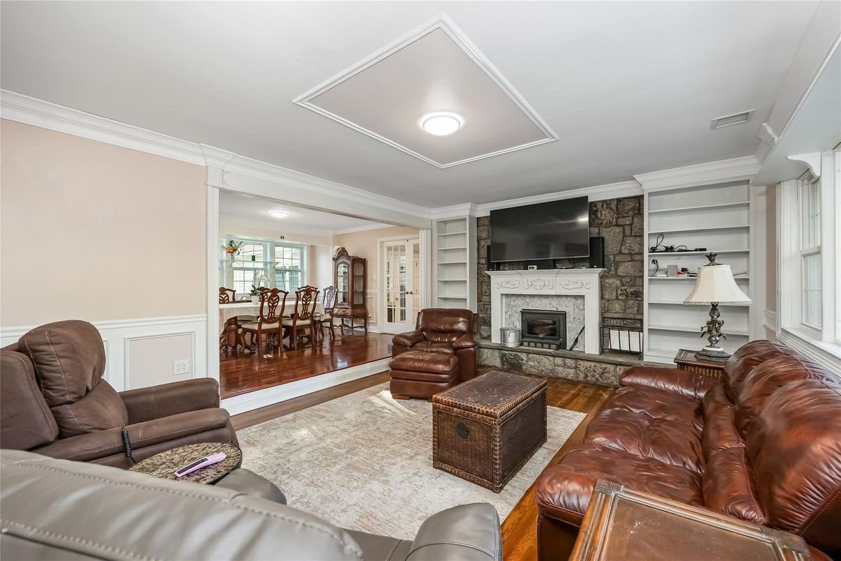 Dining room, Fireplace, Interior, Living room, Wood Texture Flooring