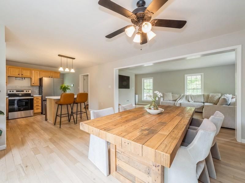 Dining room, Interior, Kitchen, Living room, Pendant Lights, Stainless Steel Appliances, Wood Texture Flooring