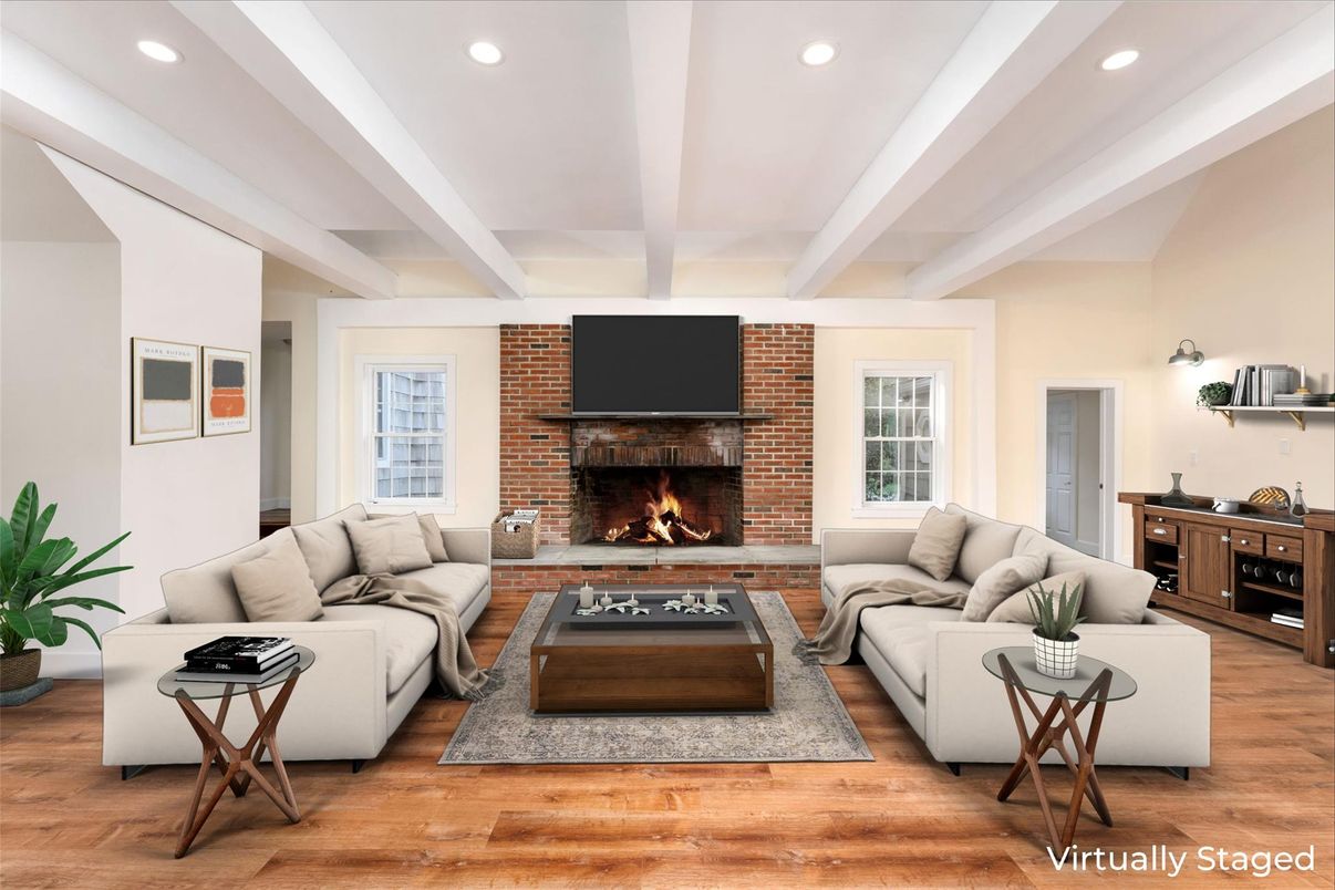 Fireplace, Interior, Living room, Recessed Lighting, Stone Walls, Wood Texture Flooring