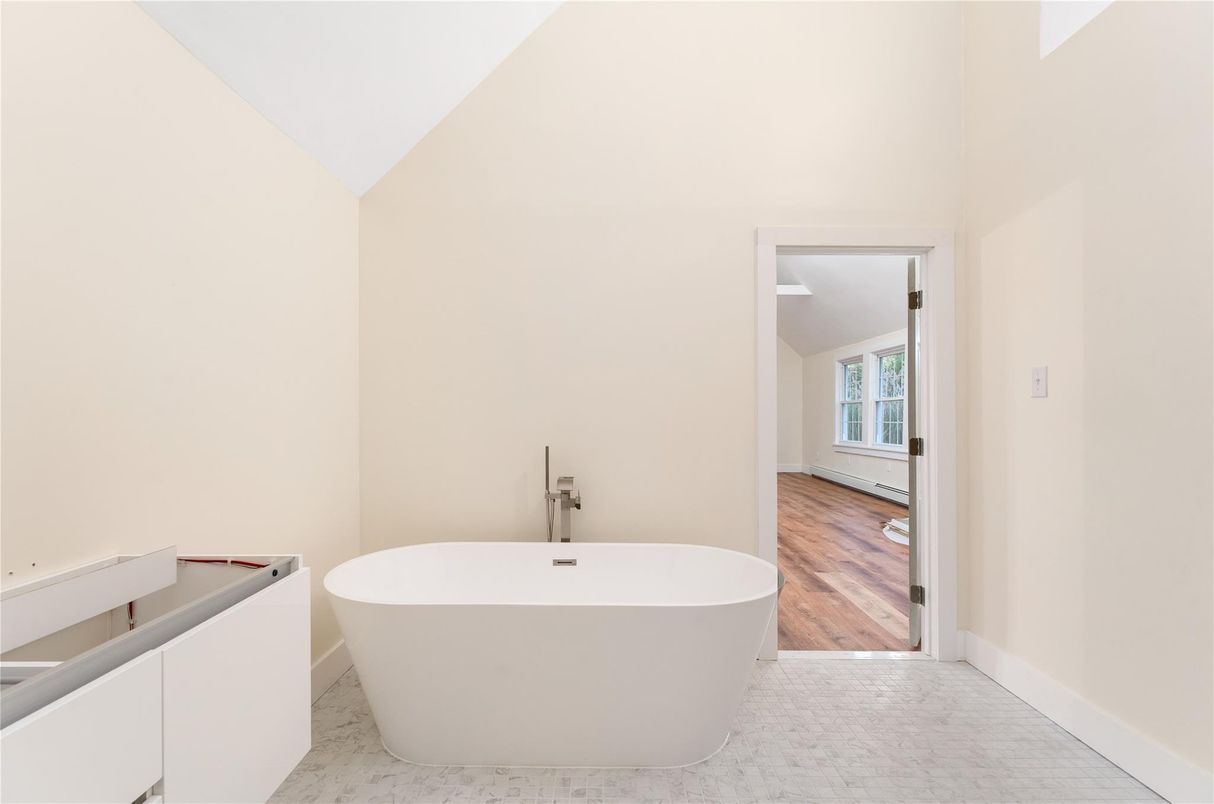 Bathroom, Free Standing Baths, Interior, Marble, Wood Texture Flooring