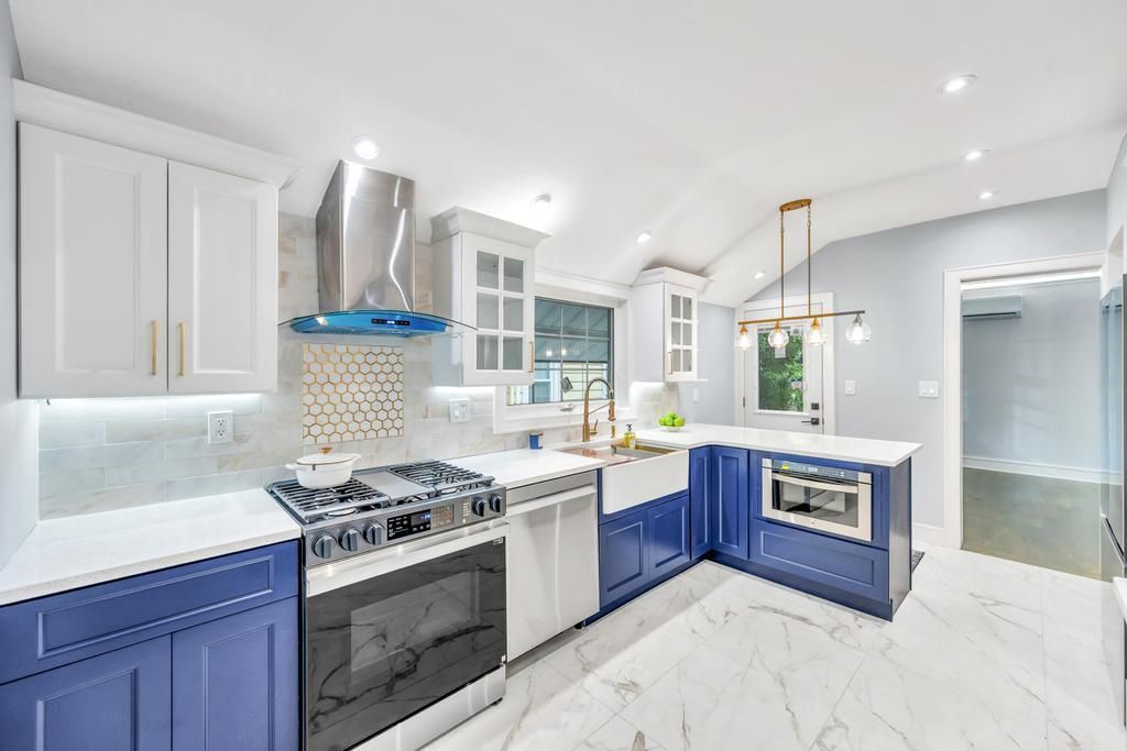 Interior, Kitchen, Marble, Pendant Lights, Recessed Lighting, Stainless Steel Appliances