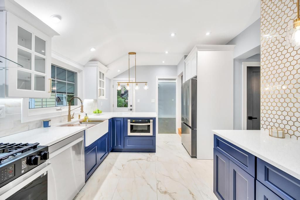 Interior, Kitchen, Marble, Pendant Lights, Recessed Lighting, Stainless Steel Appliances