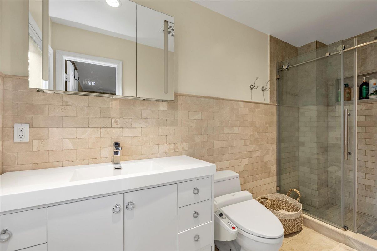 Bathroom, Glass Shower, Interior, Recessed Lighting, Stone Walls