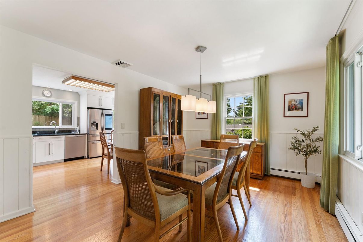 Chandelier, Dining room, Interior, Kitchen, Pendant Lights, Stainless Steel Appliances, Wood Texture Flooring