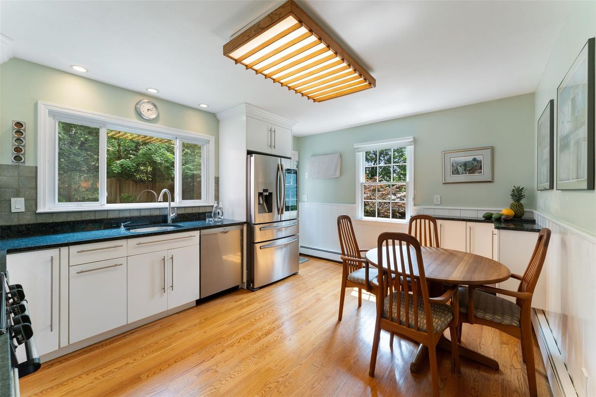 Dining room, Interior, Kitchen, Recessed Lighting, Stainless Steel Appliances, Wood Texture Flooring
