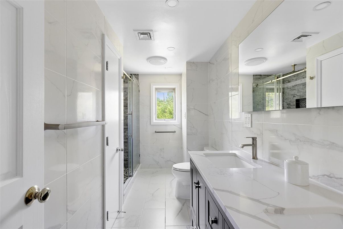 Bathroom, Glass Shower, Interior, Marble, Marble Walls, Recessed Lighting