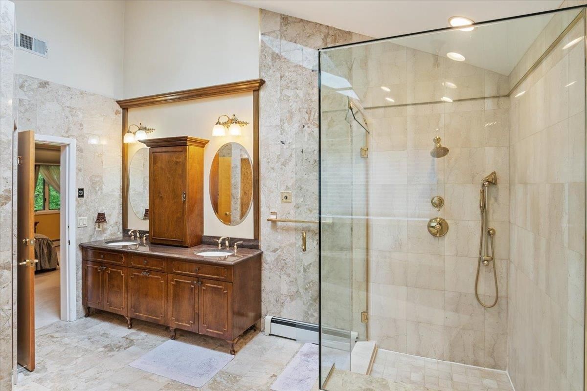 Bathroom, Dual Sink Vanities, Glass Shower, Interior, Recessed Lighting