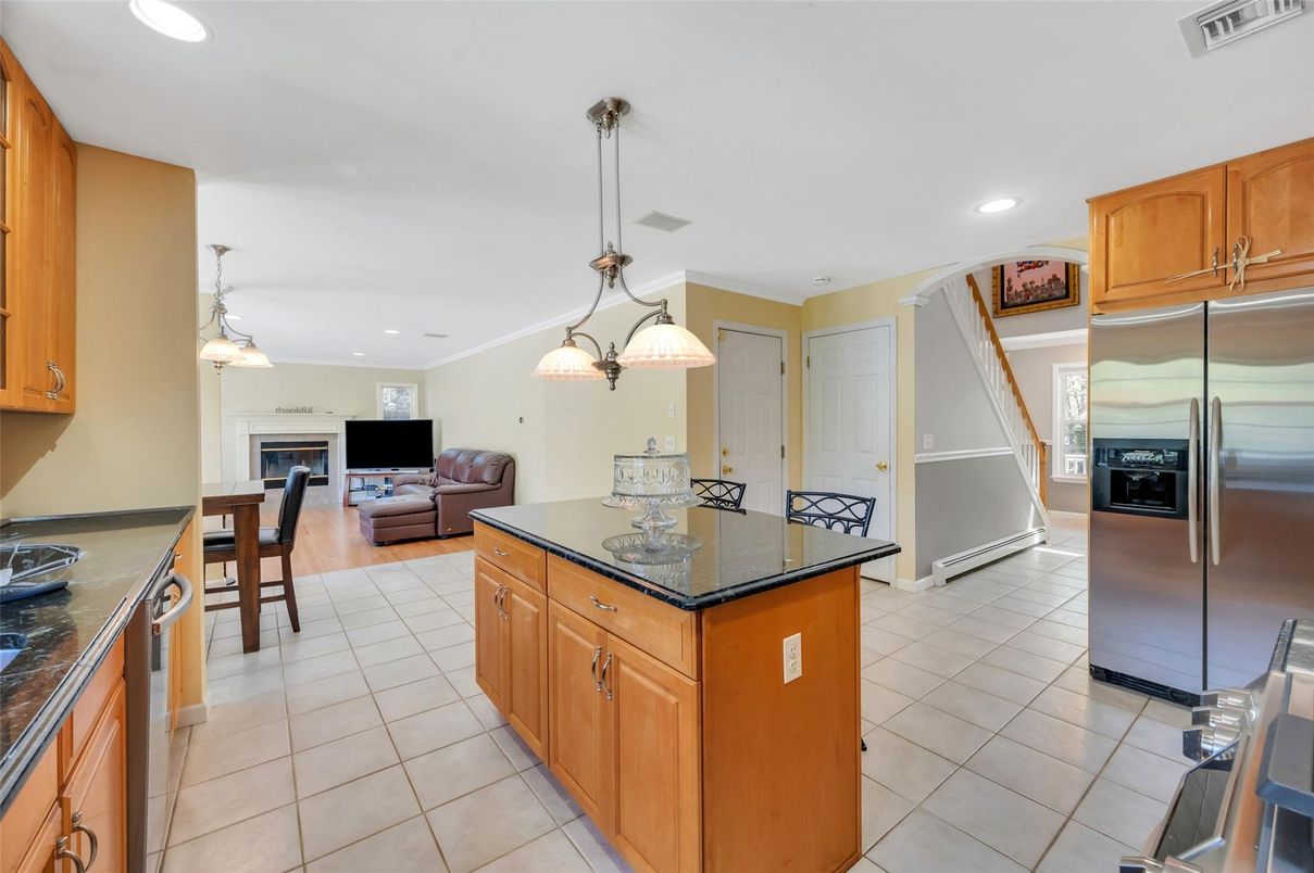 Dining room, Fireplace, Interior, Kitchen, Living room, Pendant Lights, Recessed Lighting, Stainless Steel Appliances