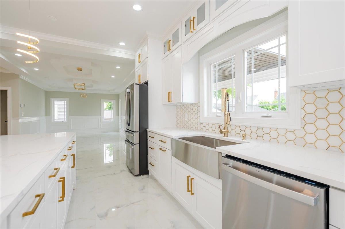Interior, Kitchen, Marble, Pendant Lights, Recessed Lighting, Stainless Steel Appliances