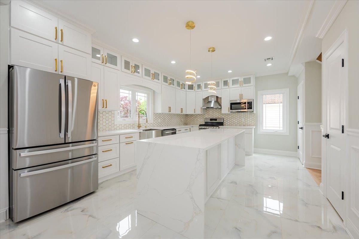 Interior, Kitchen, Marble, Pendant Lights, Recessed Lighting, Stainless Steel Appliances