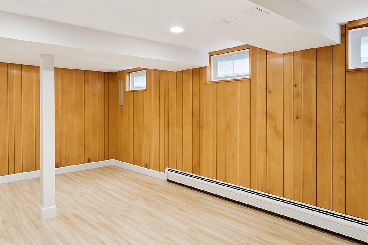 Empty room, Interior, Recessed Lighting, Wood Texture Flooring, Wooden Walls