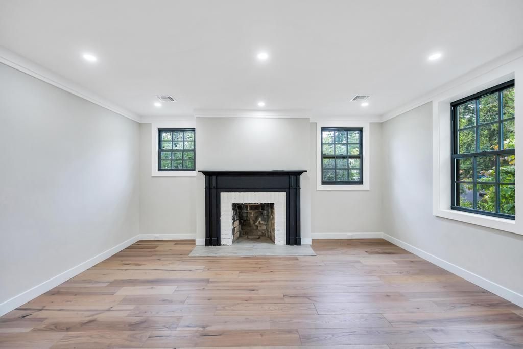 Empty room, Fireplace, Interior, Recessed Lighting, Wood Texture Flooring