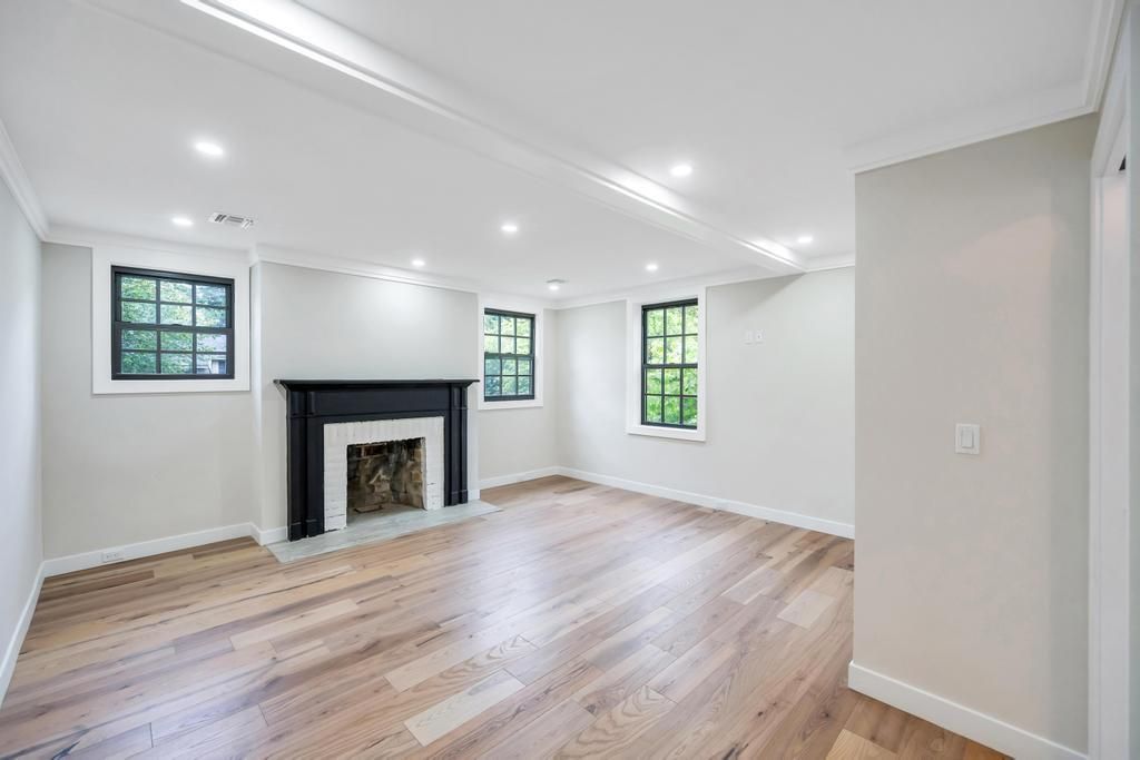 Empty room, Fireplace, Interior, Recessed Lighting, Wood Texture Flooring