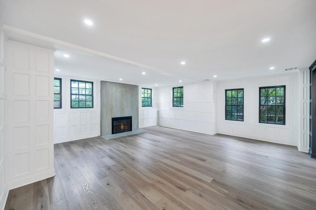 Empty room, Fireplace, Interior, Recessed Lighting, Wood Texture Flooring