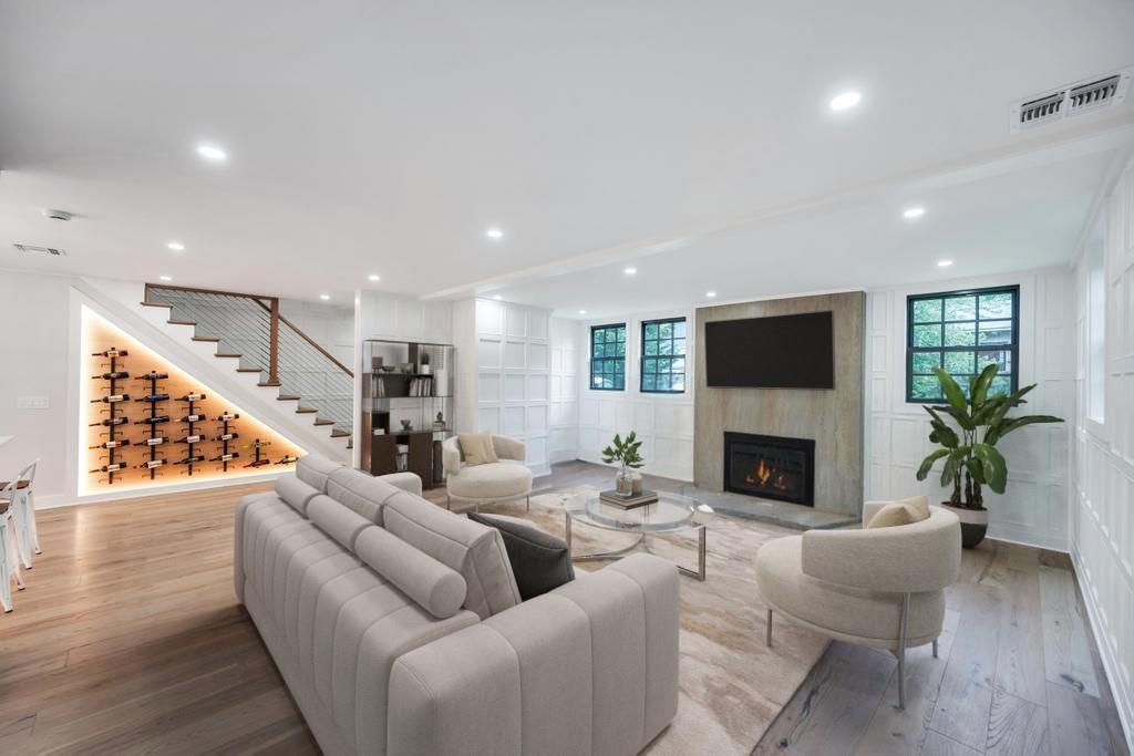 Fireplace, Interior, Living room, Recessed Lighting, Wine Storage, Wood Texture Flooring