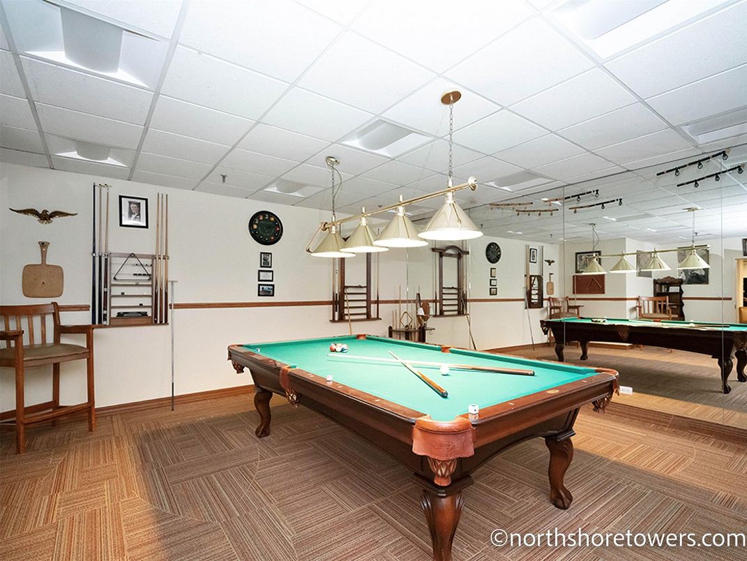Billiard Table, Game Room, Interior, Pendant Lights, Recessed Lighting, Wood Texture Flooring