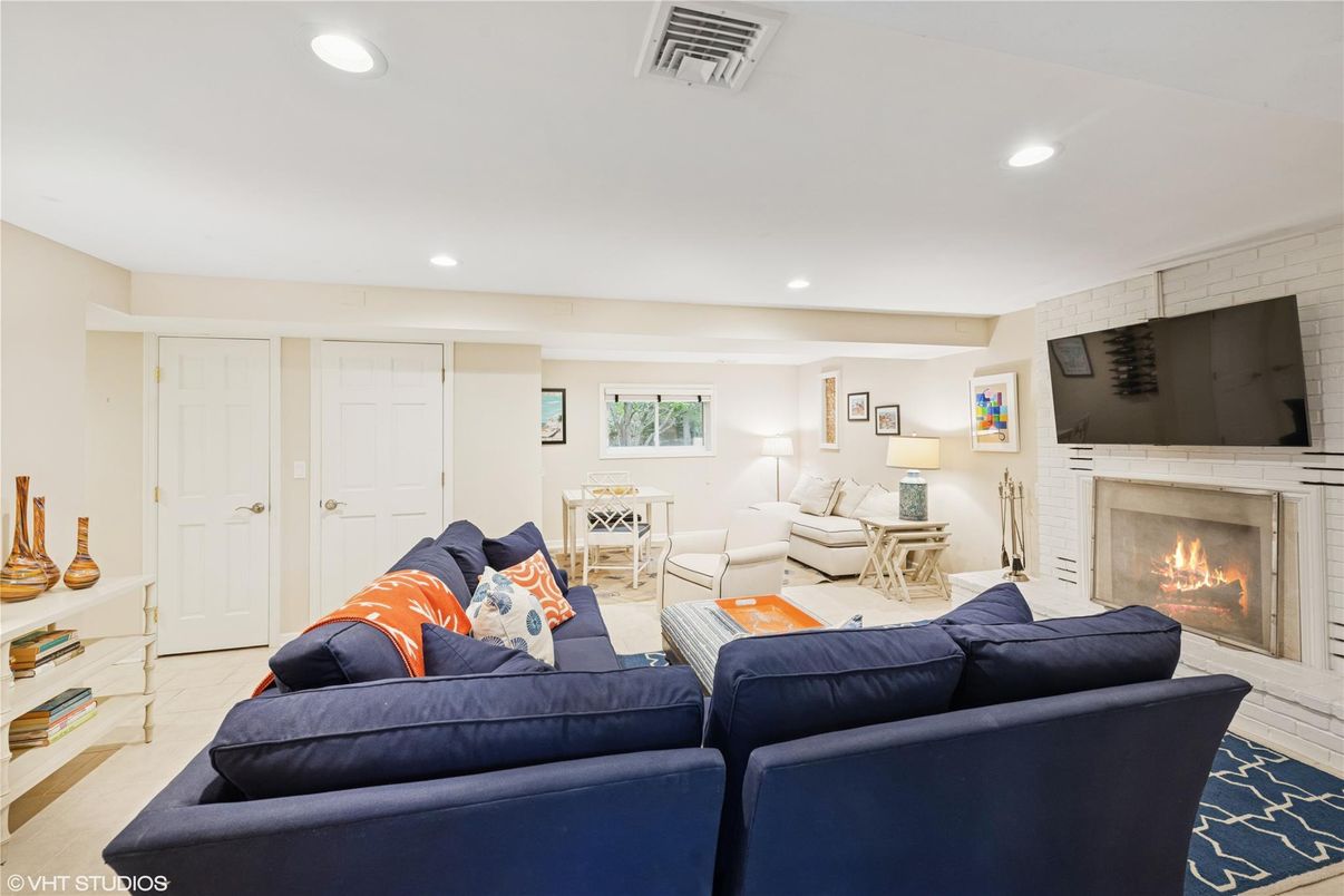 Fireplace, Interior, Living room, Recessed Lighting, Stone Walls