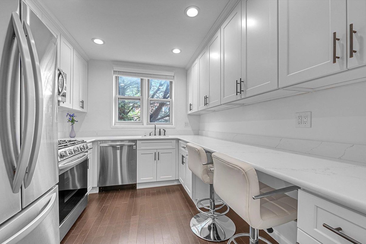 Interior, Kitchen, Recessed Lighting, Stainless Steel Appliances, Wood Texture Flooring