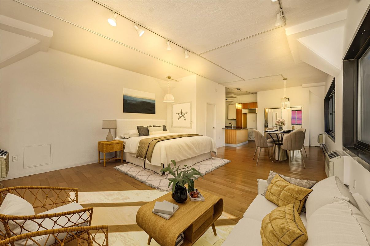 Bedroom, Dining room, Interior, Living room, Pendant Lights, Wood Texture Flooring