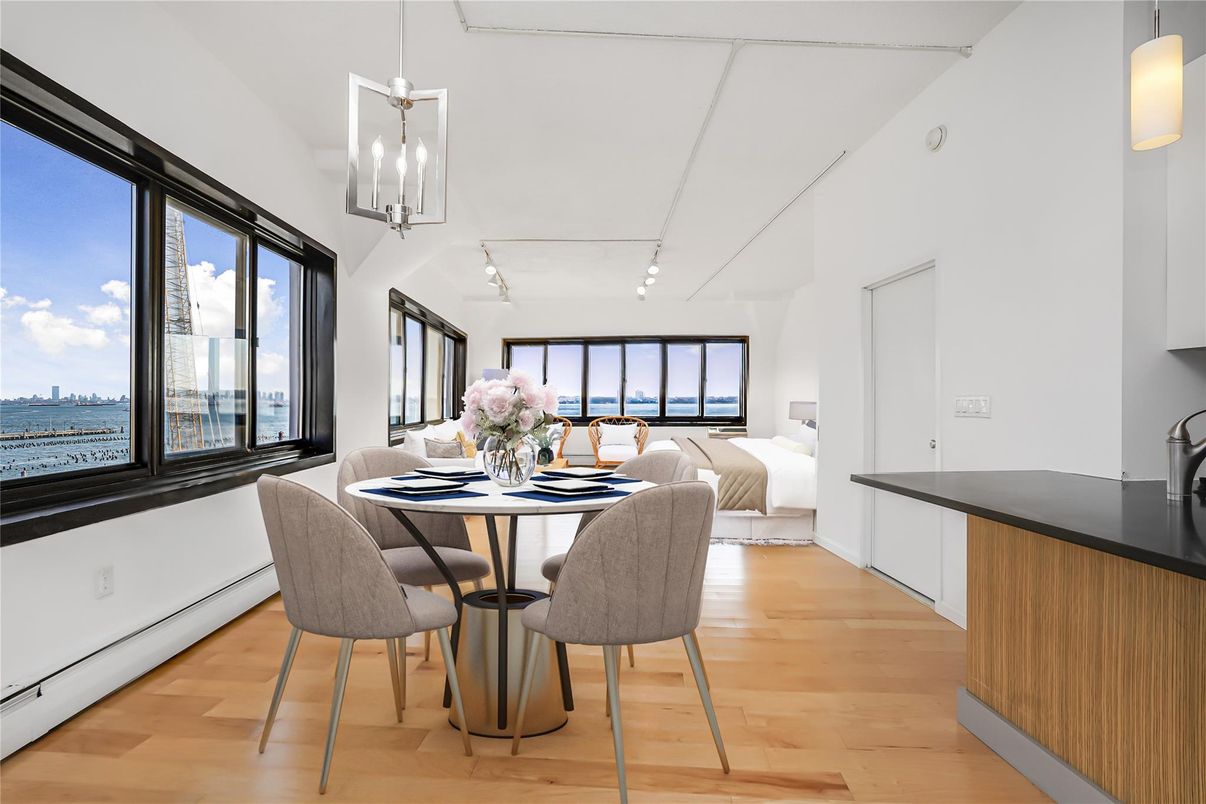 Bedroom, Dining room, Interior, Pendant Lights, Water, Wood Texture Flooring