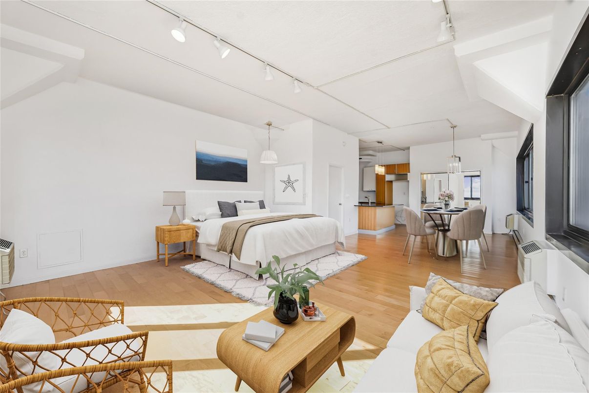 Bedroom, Dining room, Interior, Living room, Pendant Lights, Wood Texture Flooring