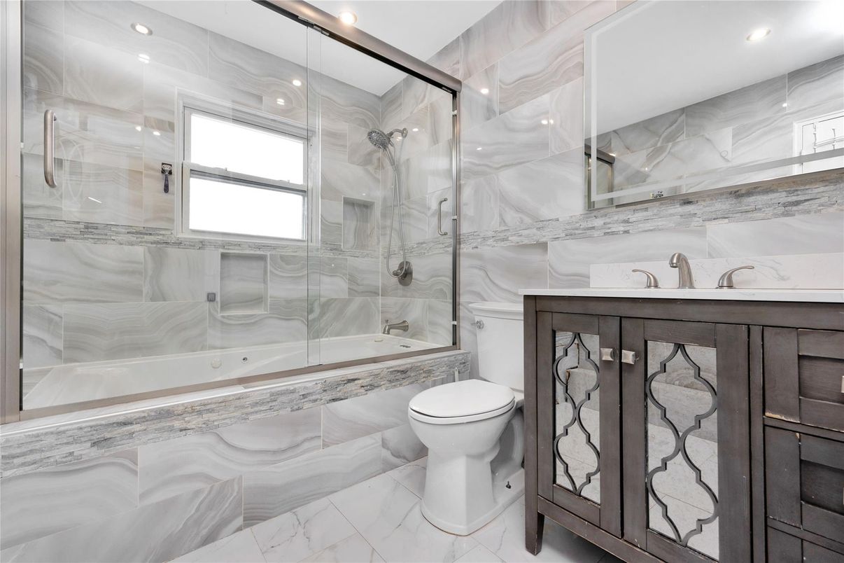 Bathroom, Glass Shower, Interior, Marble, Marble Walls, Recessed Lighting
