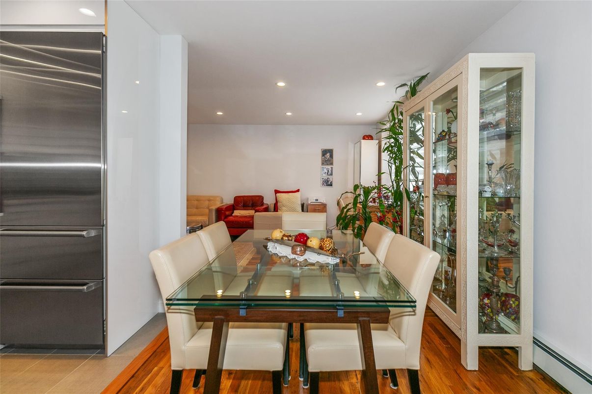 Dining room, Interior, Recessed Lighting, Wood Texture Flooring