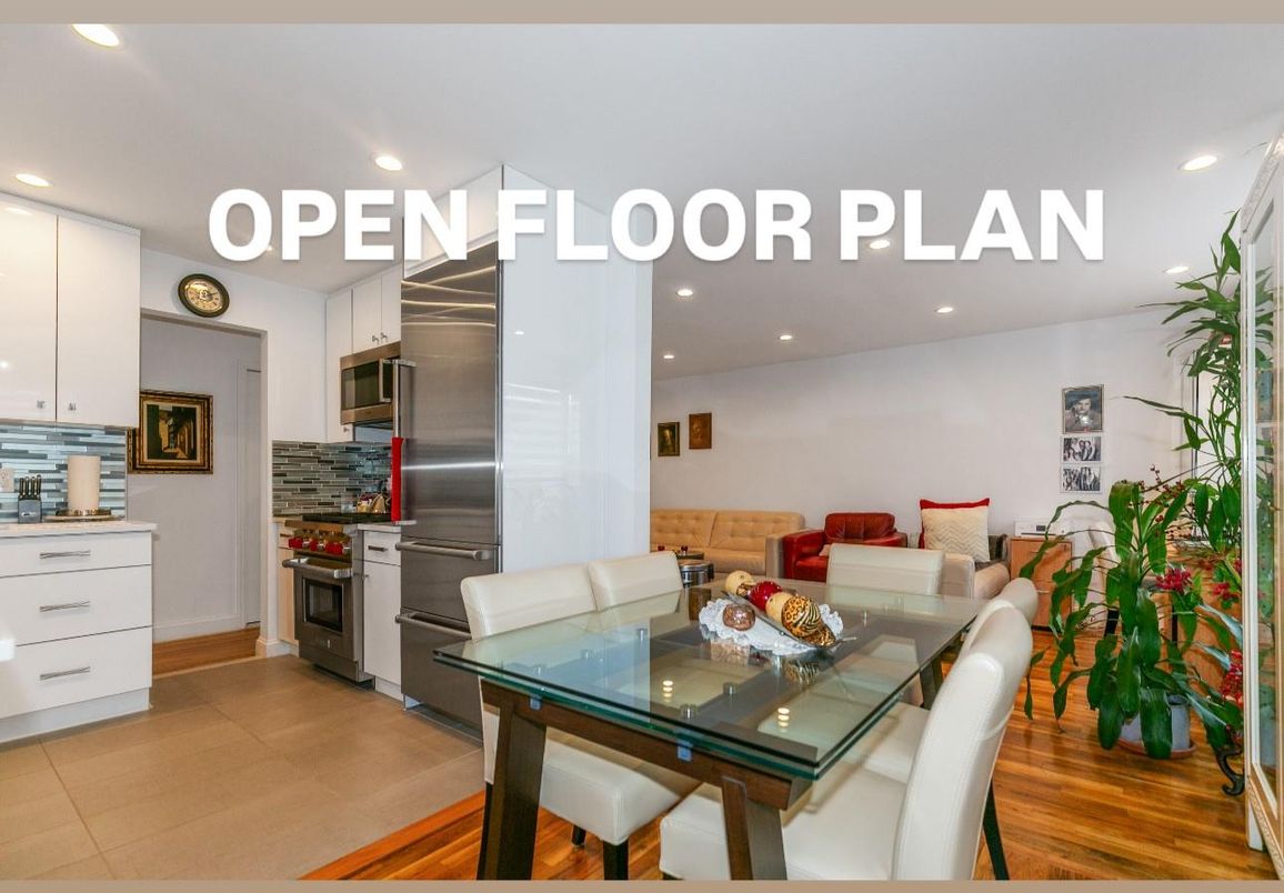Dining room, Interior, Kitchen, Recessed Lighting, Stainless Steel Appliances, Wood Texture Flooring